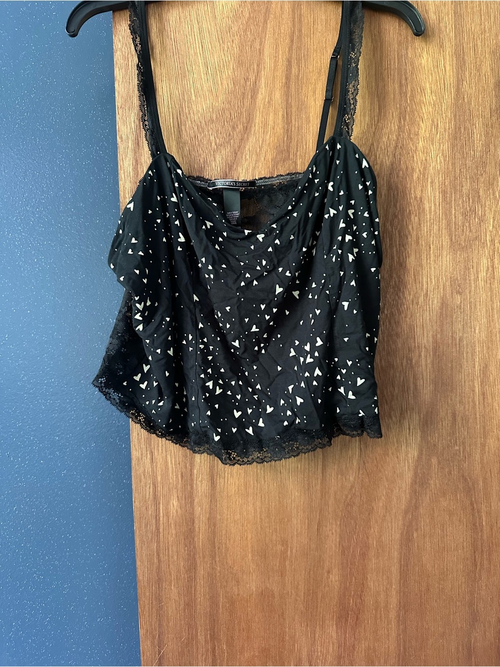 Victoria's Secret Black Lace-Trim Cowl Neck Camisole with White Heart Print